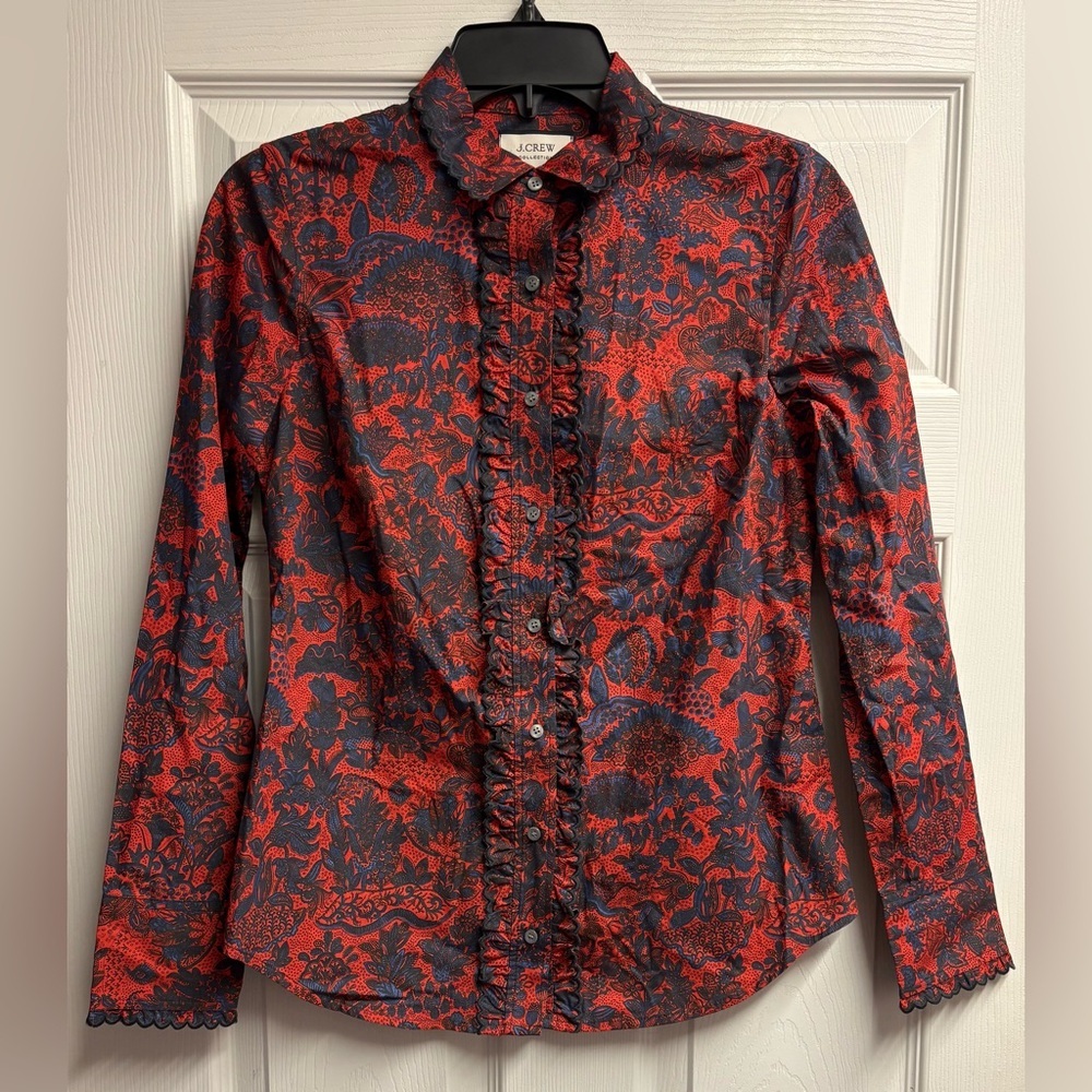 NWT J.Crew Scallop Ruffle Perfect Shirt Slim Fit Size 2 - Picture 2 of 5